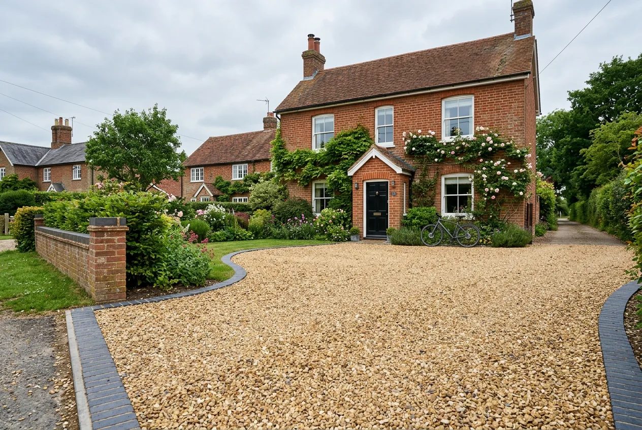 Golden flint gravel driveway before a Victorian brick cottage with climbing roses
